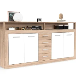 Buffet 4 Portes & 4 Tiroirs "Luna" 190cm Naturel & Blanc