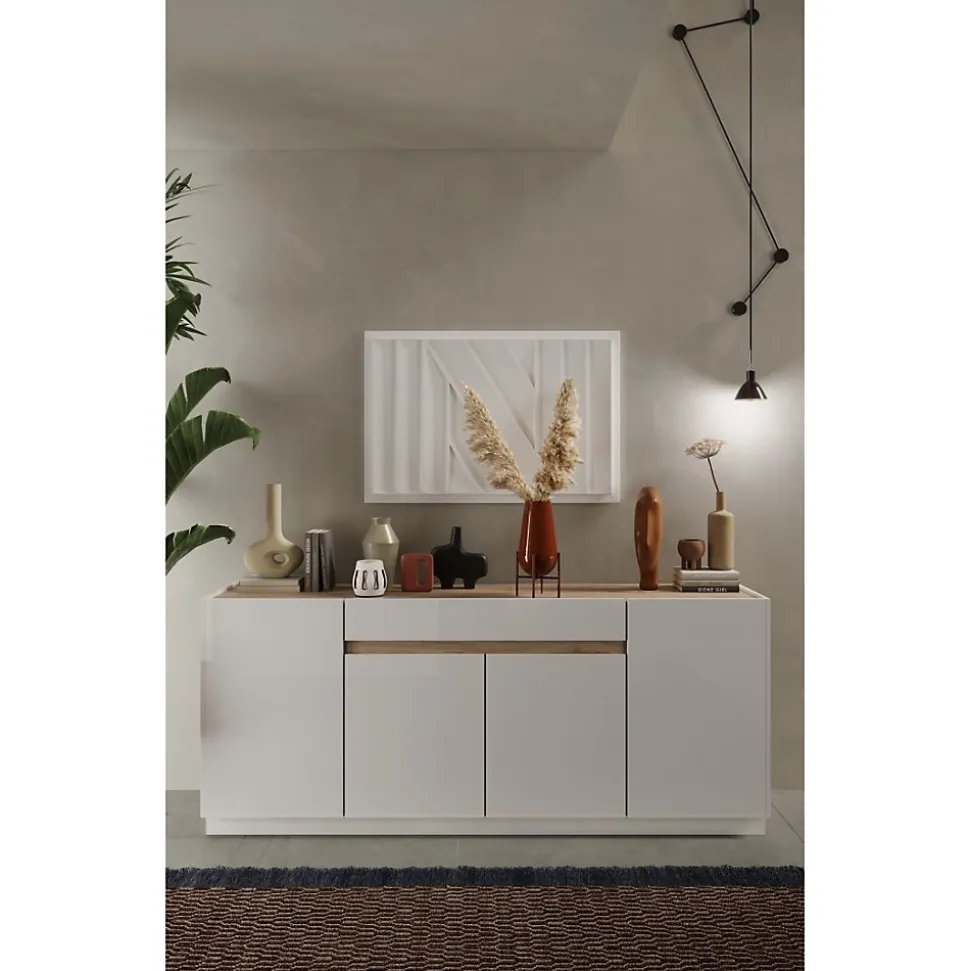 Buffet 4 portes 1 tiroir collection FANZY. Coloris blanc laqué & chene Cadiz