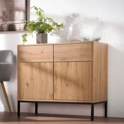 Buffet 2 Portes 2 Tiroirs Décor Chêne L90 x H80 cm - LENNY