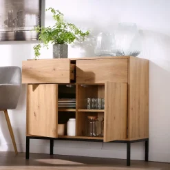 Buffet 2 Portes 2 Tiroirs Décor Chêne L90 x H80 cm - LENNY
