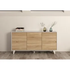 Buffet 3 portes 154 x 41 x 75 cm chêne canadian-blanc brillant