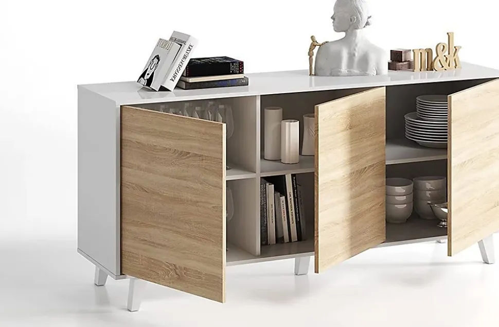 Buffet 3 portes 154 x 41 x 75 cm chêne canadian-blanc brillant