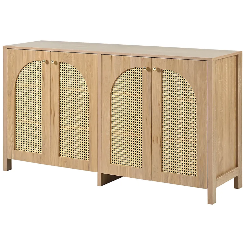 Buffet 4 Portes en Bois avec Cannage et Poignées Métal - Style Scandinave - Rangement Salon - Couleur Naturelle - 145x40x80 cm