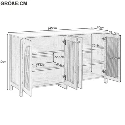 Buffet 4 Portes en Bois avec Cannage et Poignées Métal - Style Scandinave - Rangement Salon - Couleur Naturelle - 145x40x80 cm