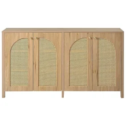 Buffet 4 Portes en Bois avec Cannage et Poignées Métal - Style Scandinave - Rangement Salon - Couleur Naturelle - 145x40x80 cm