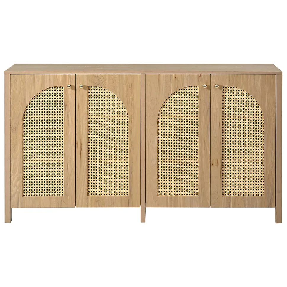 Buffet 4 Portes en Bois avec Cannage et Poignées Métal - Style Scandinave - Rangement Salon - Couleur Naturelle - 145x40x80 cm