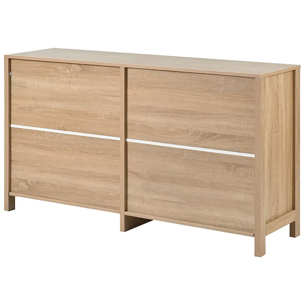 Buffet 4 Portes en Bois avec Cannage et Poignées Métal - Style Scandinave - Rangement Salon - Couleur Naturelle - 145x40x80 cm