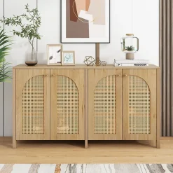Buffet 4 Portes en Bois avec Cannage et Poignées Métal - Style Scandinave - Rangement Salon - Couleur Naturelle - 145x40x80 cm
