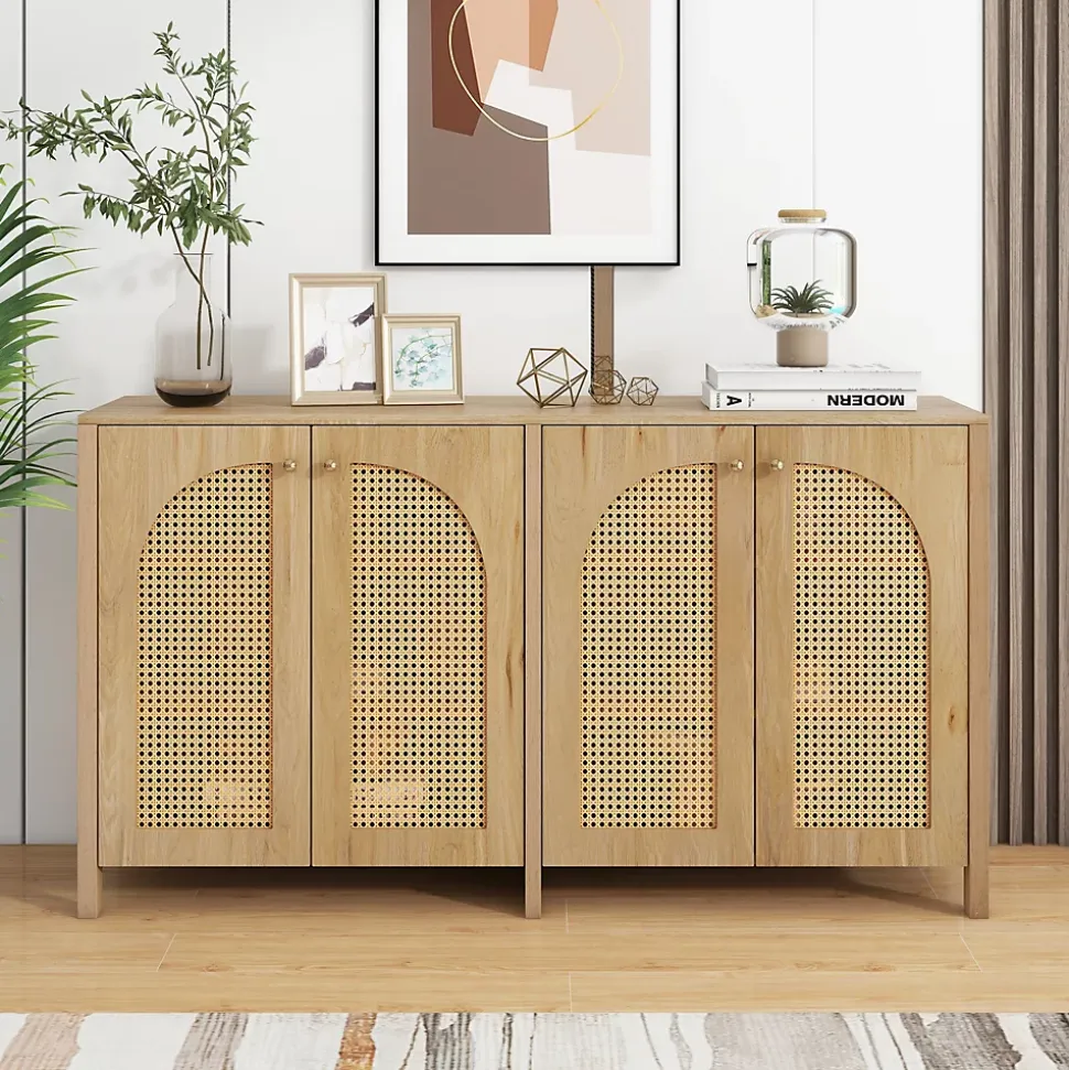 Buffet 4 Portes en Bois avec Cannage et Poignées Métal - Style Scandinave - Rangement Salon - Couleur Naturelle - 145x40x80 cm