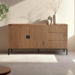 Buffet 2 portes et 3 tiroirs en acier et MDF décor mélaminé beige Oviala