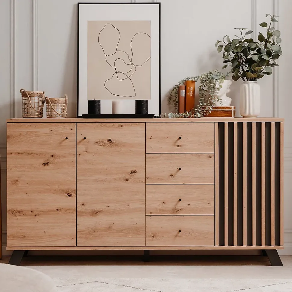 Buffet 3 portes et 4 tiroirs décor chêne artisan L160 cm - LUBLIN
