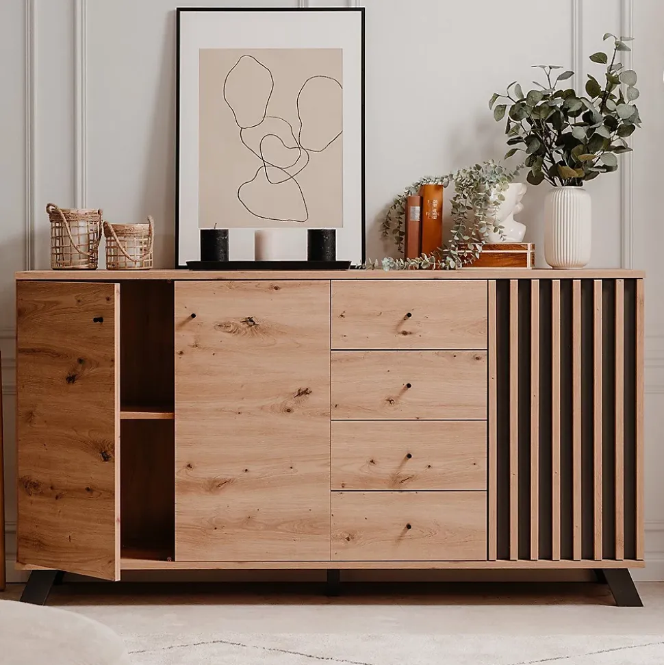 Buffet 3 portes et 4 tiroirs décor chêne artisan L160 cm - LUBLIN