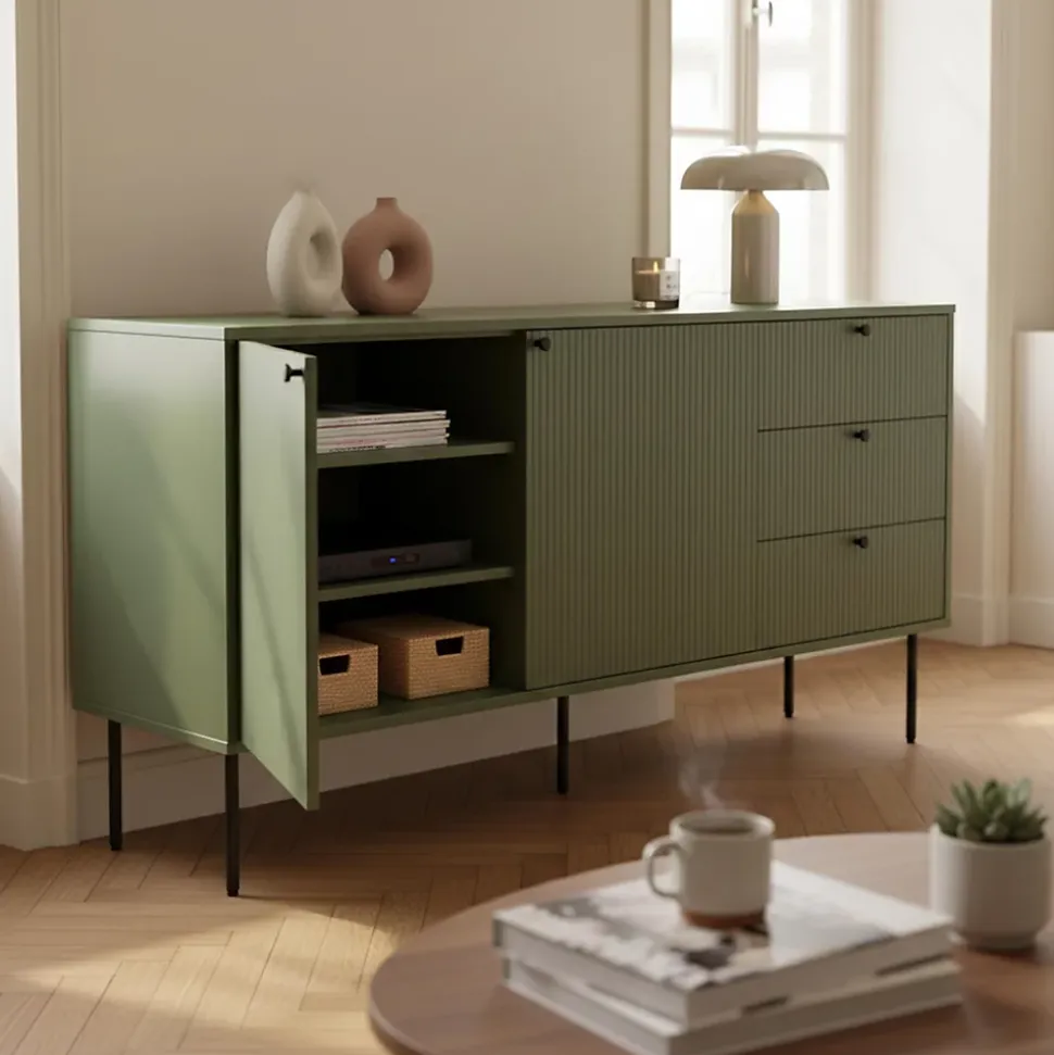 Buffet 2 portes et 3 tiroirs décor mélaminé 150 cm vert olive Oviala