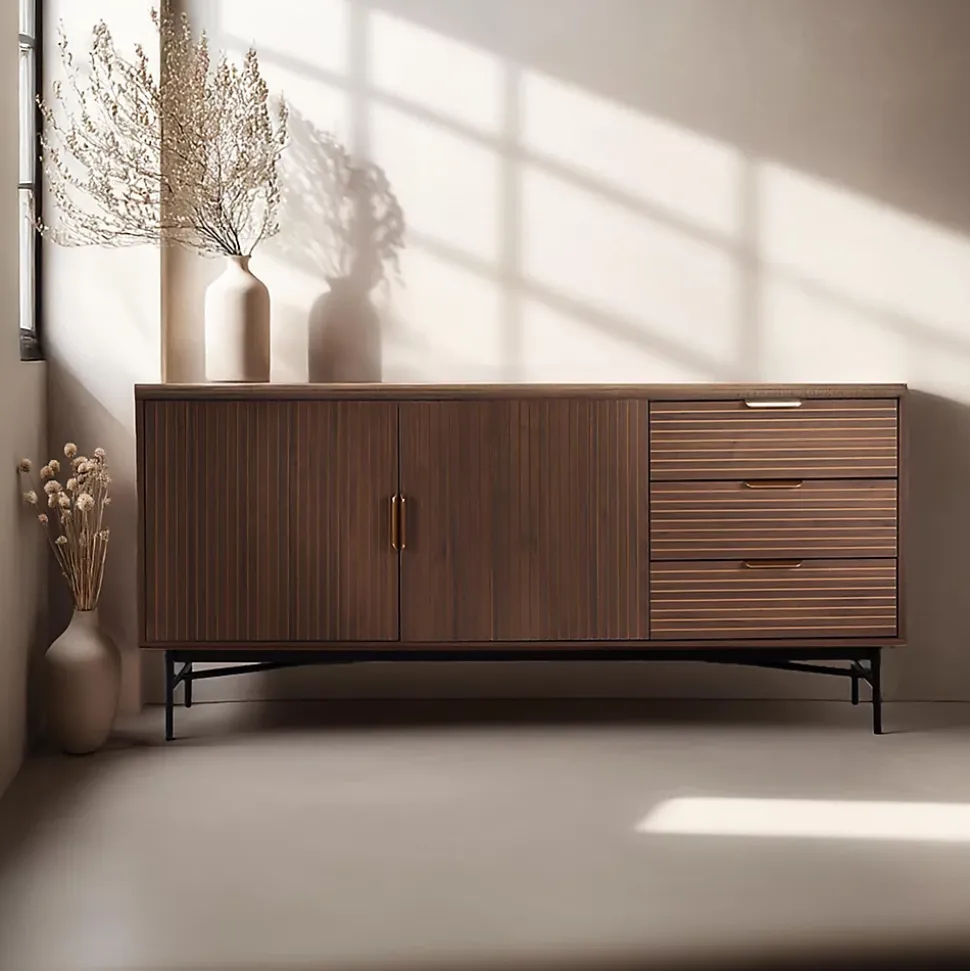 Buffet 2 portes et 3 tiroirs en mélaminé et acier 160 cm marron Oviala