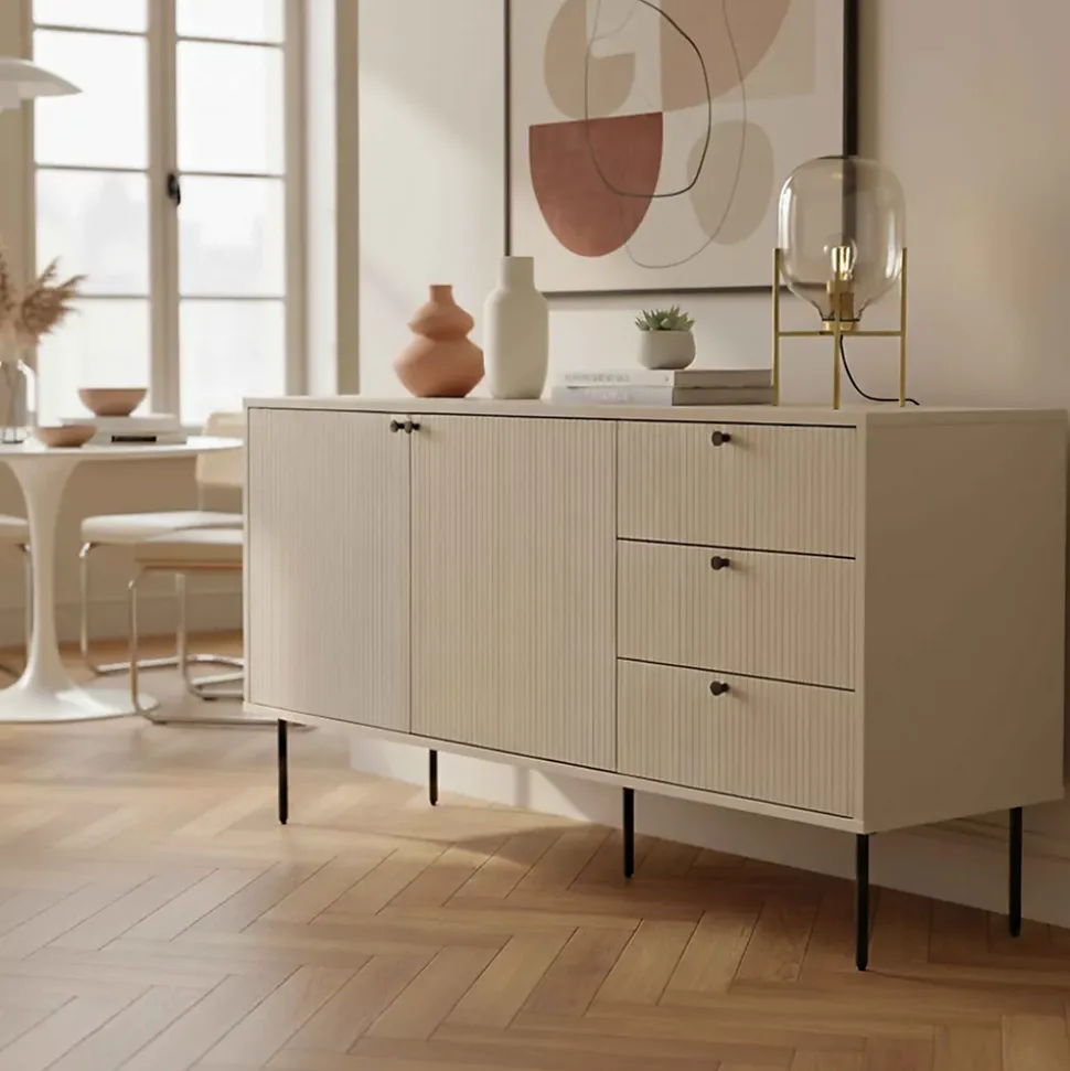 Buffet 2 portes et 3 tiroirs décor mélaminé 150 cm beige Oviala