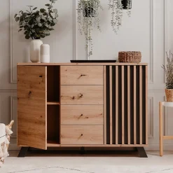 Buffet 2 portes et 4 tiroirs décor chêne artisan L118 cm - LUBLIN
