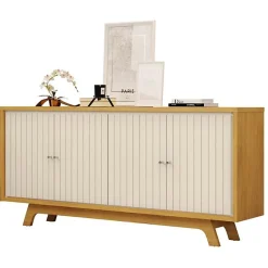 Buffet 4 Portes Miel et Blanc Ecru 4 NIches L 180 H 80.5 P 35.7 cm - L 180 x l 35.7 x H 80.5 cm