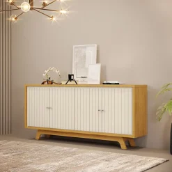 Buffet 4 Portes Miel et Blanc Ecru 4 NIches L 180 H 80.5 P 35.7 cm - L 180 x l 35.7 x H 80.5 cm