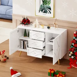 Buffet 3 Tiroirs 2 Portes avec Motif Losange et Pieds Dorés, Commode Élégante pour Salon, Chambre ou Couloir, Blanc, 120x40x80 cm