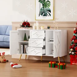Buffet 3 Tiroirs 2 Portes avec Motif Losange et Pieds Dorés, Commode Élégante pour Salon, Chambre ou Couloir, Blanc, 120x40x80 cm