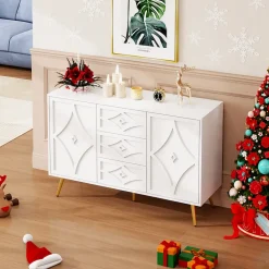 Buffet 3 Tiroirs 2 Portes avec Motif Losange et Pieds Dorés, Commode Élégante pour Salon, Chambre ou Couloir, Blanc, 120x40x80 cm