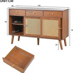 Buffet 3 Tiroirs 3 Portes Rotin Pieds Bois Noyer 120x40x78cm Blackcolors