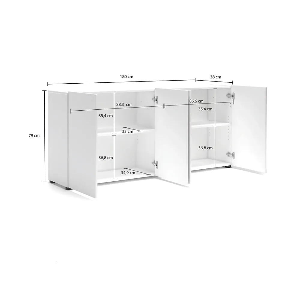 Buffet Amacord, Buffet du salon, Commode de salon, Garde-manger de cuisine, Made in Italy, 180x38h79 cm, Blanc brillant
