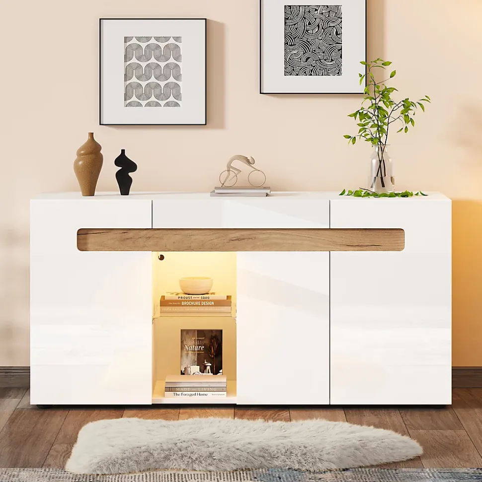 Buffet avec 3 Placards et Éclairage LED Contrôlable par Application, Panneau de Particules, 140x40x70 cm - Blanc et Effet Bois