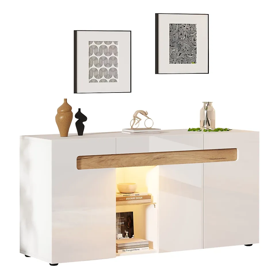 Buffet avec 3 Placards et Éclairage LED Contrôlable par Application, Panneau de Particules, 140x40x70 cm - Blanc et Effet Bois
