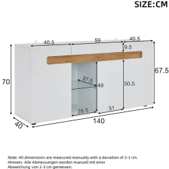 Buffet avec 3 Placards et Éclairage LED Contrôlable par Application, Panneau de Particules, 140x40x70 cm - Blanc et Effet Bois