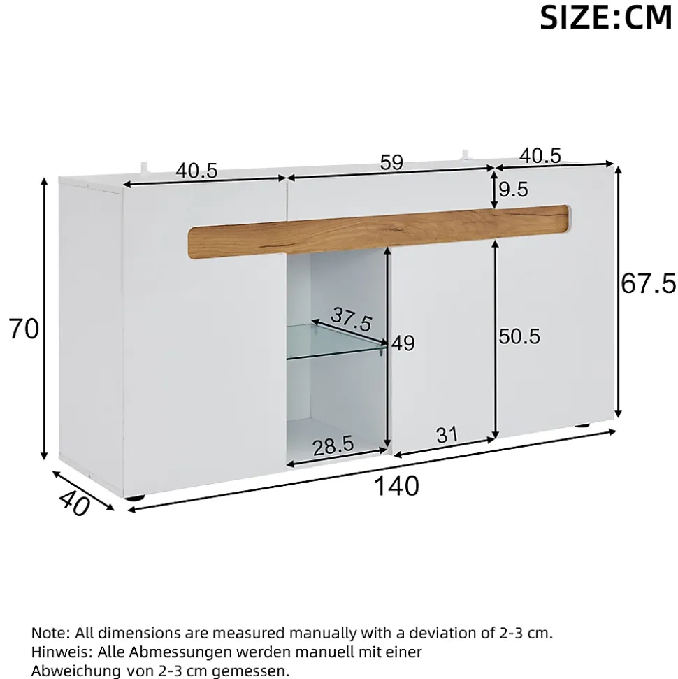 Buffet avec 3 Placards et Éclairage LED Contrôlable par Application, Panneau de Particules, 140x40x70 cm - Blanc et Effet Bois