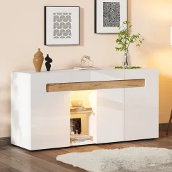Buffet avec 3 Placards et Éclairage LED Contrôlable par Application, Panneau de Particules, 140x40x70 cm - Blanc et Effet Bois