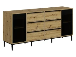 Buffet avec 2 portes en verre trempé et 6 tiroirs - Naturel et noir - MOLINIA