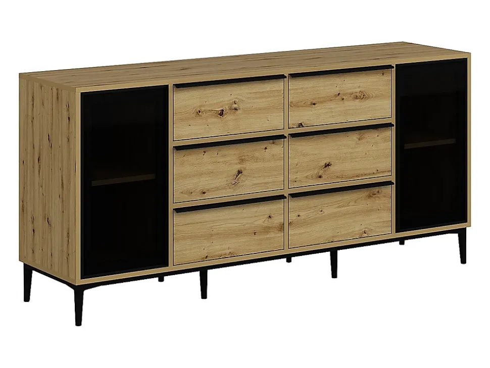 Buffet avec 2 portes en verre trempé et 6 tiroirs - Naturel et noir - MOLINIA
