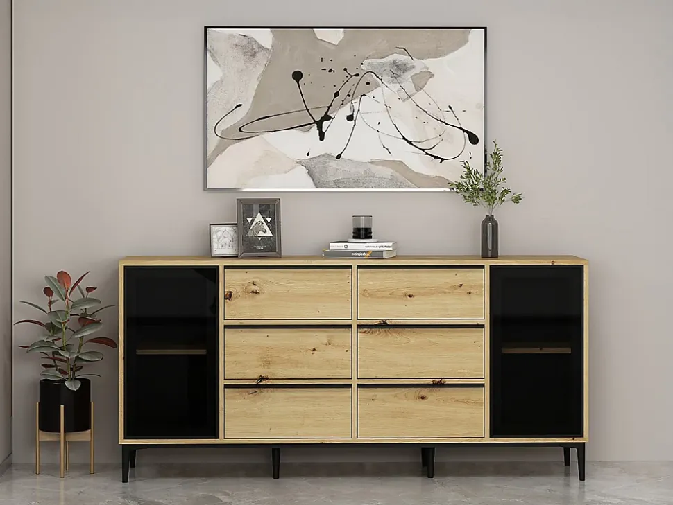 Buffet avec 2 portes en verre trempé et 6 tiroirs - Naturel et noir - MOLINIA