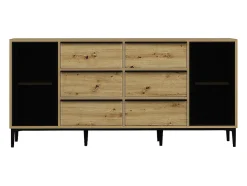 Buffet avec 2 portes en verre trempé et 6 tiroirs - Naturel et noir - MOLINIA