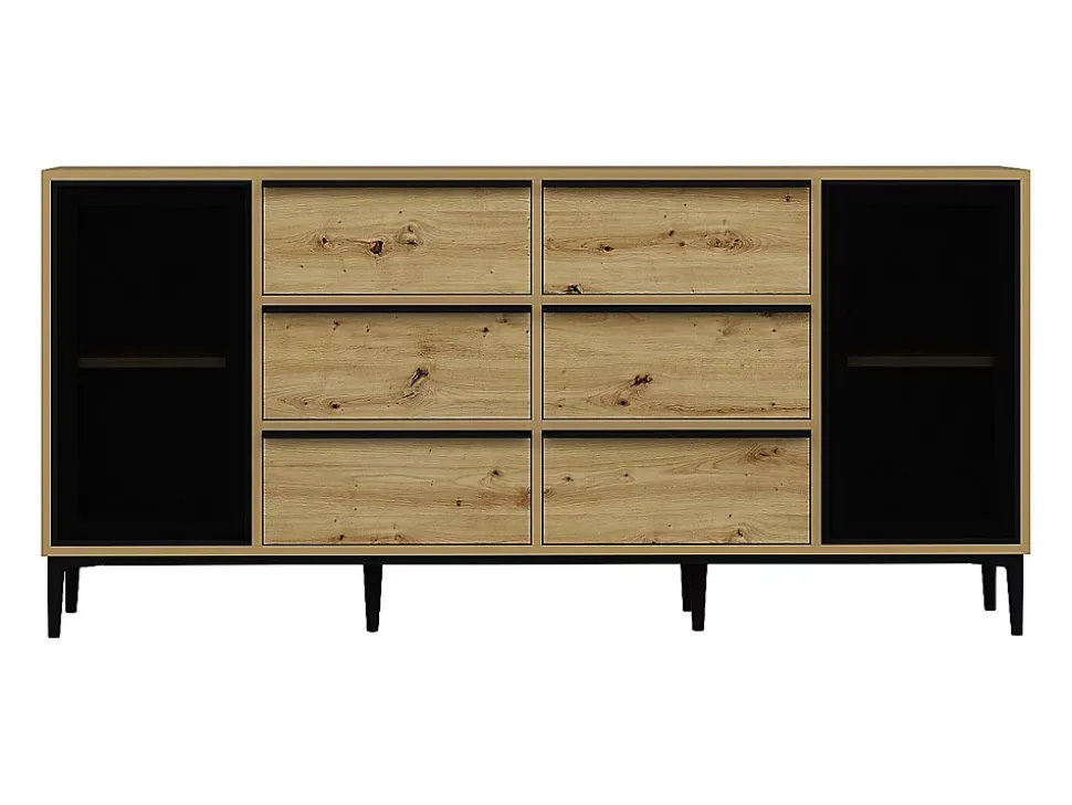 Buffet avec 2 portes en verre trempé et 6 tiroirs - Naturel et noir - MOLINIA