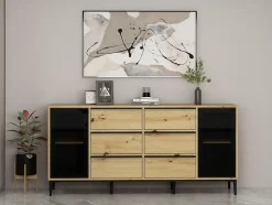 Buffet avec 2 portes en verre trempé et 6 tiroirs - Naturel et noir - MOLINIA