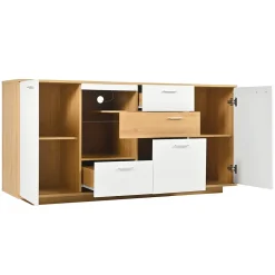 Buffet avec 2 Portes et 4 Tiroirs Pour Salon - Étagère en Verre avec LED - 160x40x77 cm - Naturel et Blanc