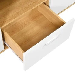 Buffet avec 2 Portes et 4 Tiroirs Pour Salon - Étagère en Verre avec LED - 160x40x77 cm - Naturel et Blanc