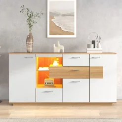 Buffet avec 2 Portes et 4 Tiroirs Pour Salon - Étagère en Verre avec LED - 160x40x77 cm - Naturel et Blanc