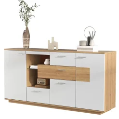Buffet avec 2 Portes et 4 Tiroirs Pour Salon - Étagère en Verre avec LED - 160x40x77 cm - Naturel et Blanc