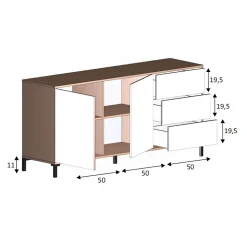 Buffet avec 2 portes et 3 tiroirs coloris chêne canadien / blanc artic - Hauteur 74 x Longueur 154 x Profondeur 41 cm