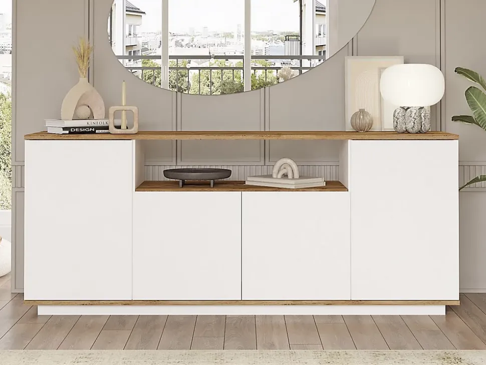 Buffet avec 4 portes et 1 étagère - Blanc et naturel - LOTULA