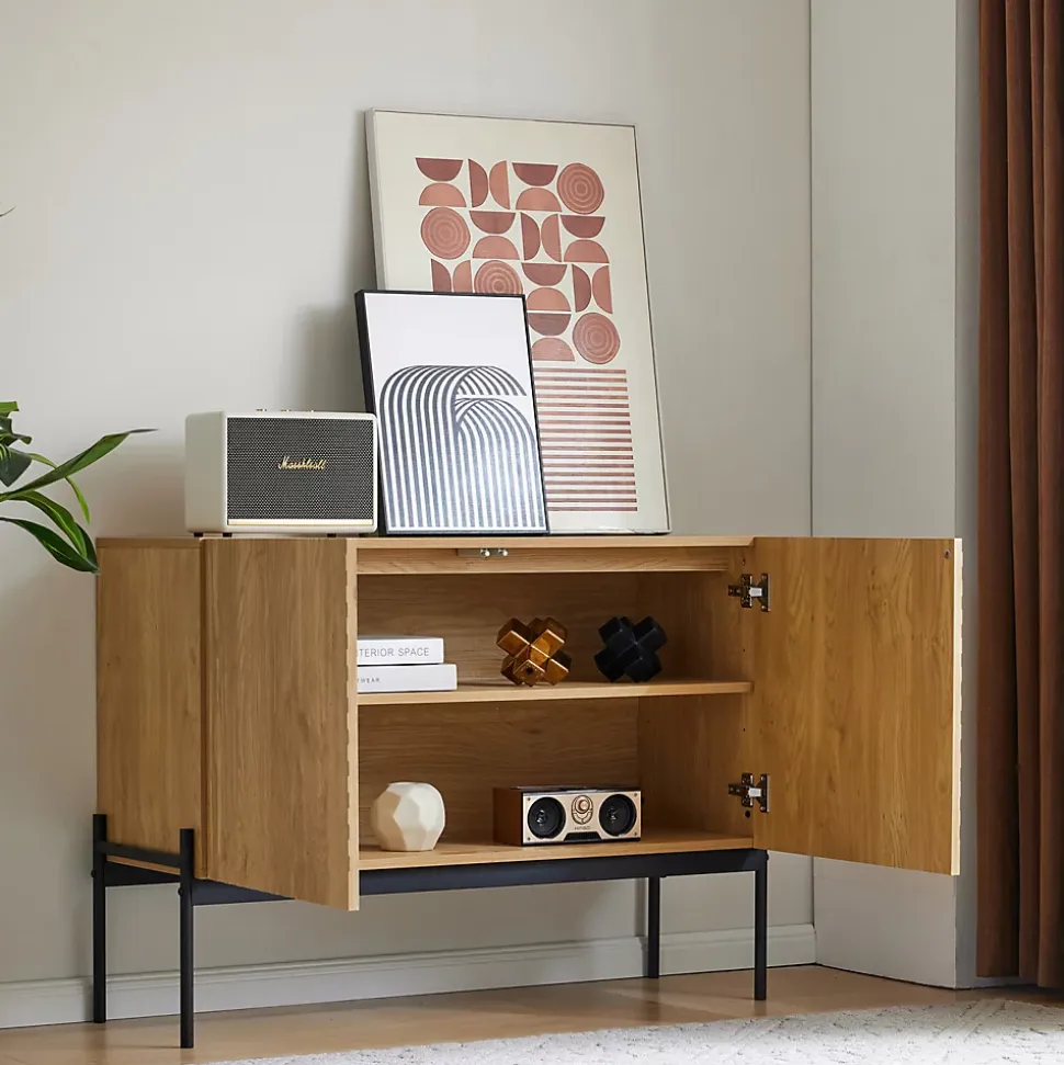 Buffet Avec 2 Portes Et Pieds En Métal, Commode Au Design Linéaire, Dimensions : 100 Cm