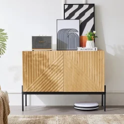 Buffet Avec 2 Portes Et Pieds En Métal, Commode Au Design Linéaire, Dimensions : 100 Cm