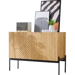 Buffet Avec 2 Portes Et Pieds En Métal, Commode Au Design Linéaire, Dimensions : 100 Cm