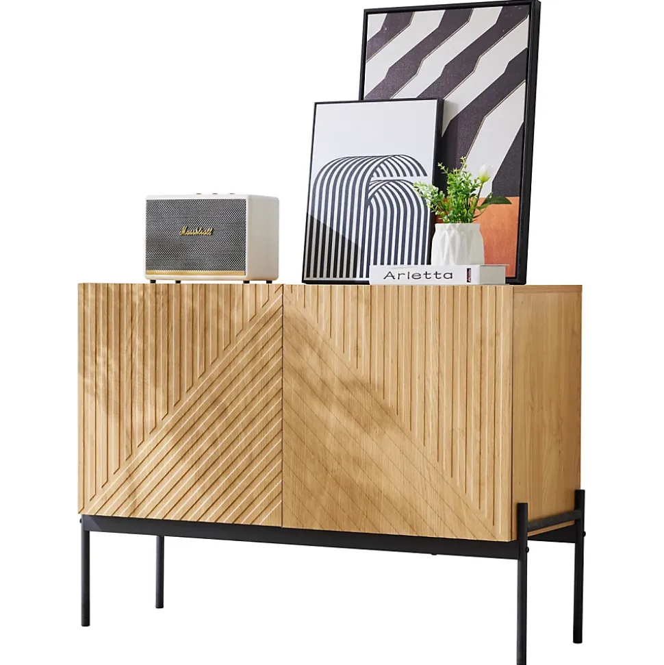 Buffet Avec 2 Portes Et Pieds En Métal, Commode Au Design Linéaire, Dimensions : 100 Cm