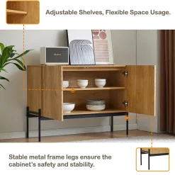 Buffet Avec 2 Portes Et Pieds En Métal, Commode Au Design Linéaire, Dimensions : 100 Cm