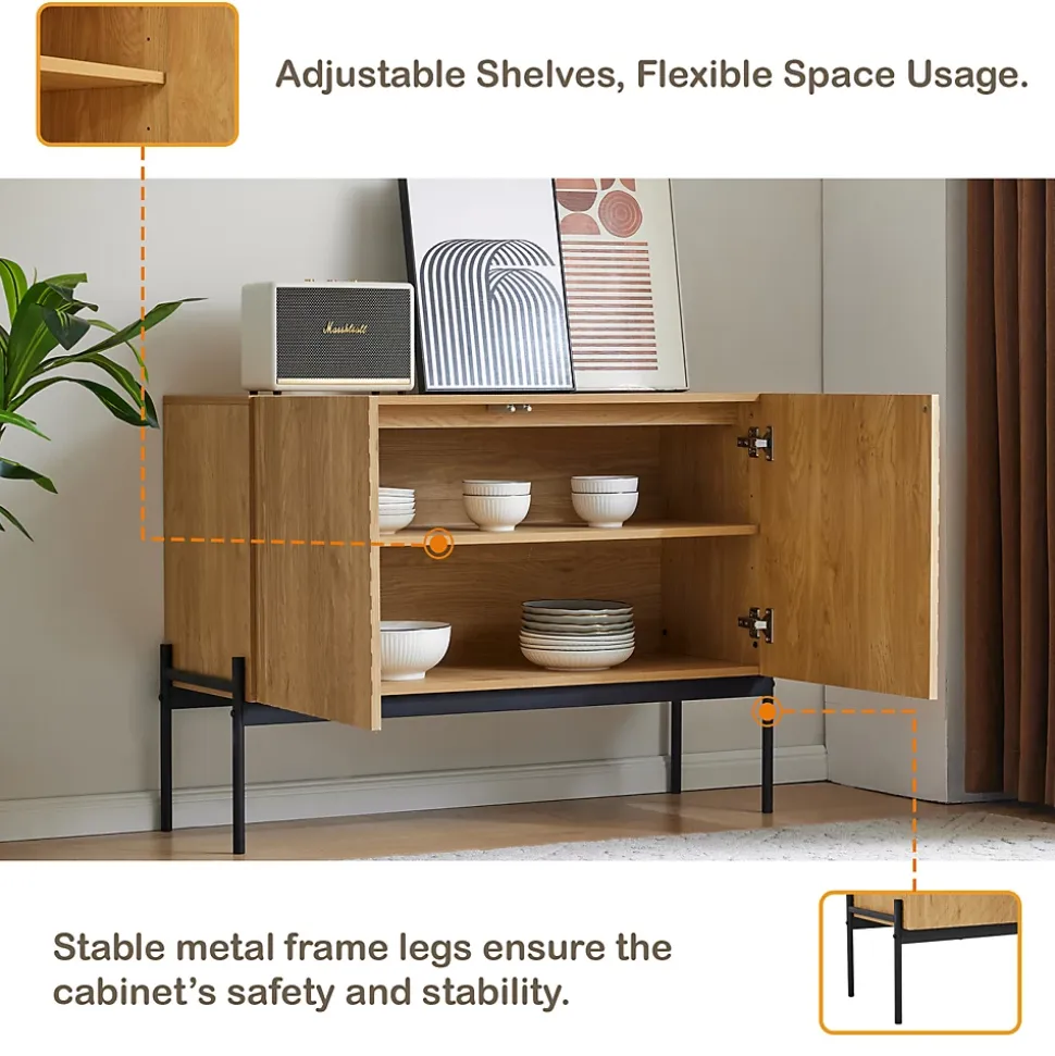 Buffet Avec 2 Portes Et Pieds En Métal, Commode Au Design Linéaire, Dimensions : 100 Cm